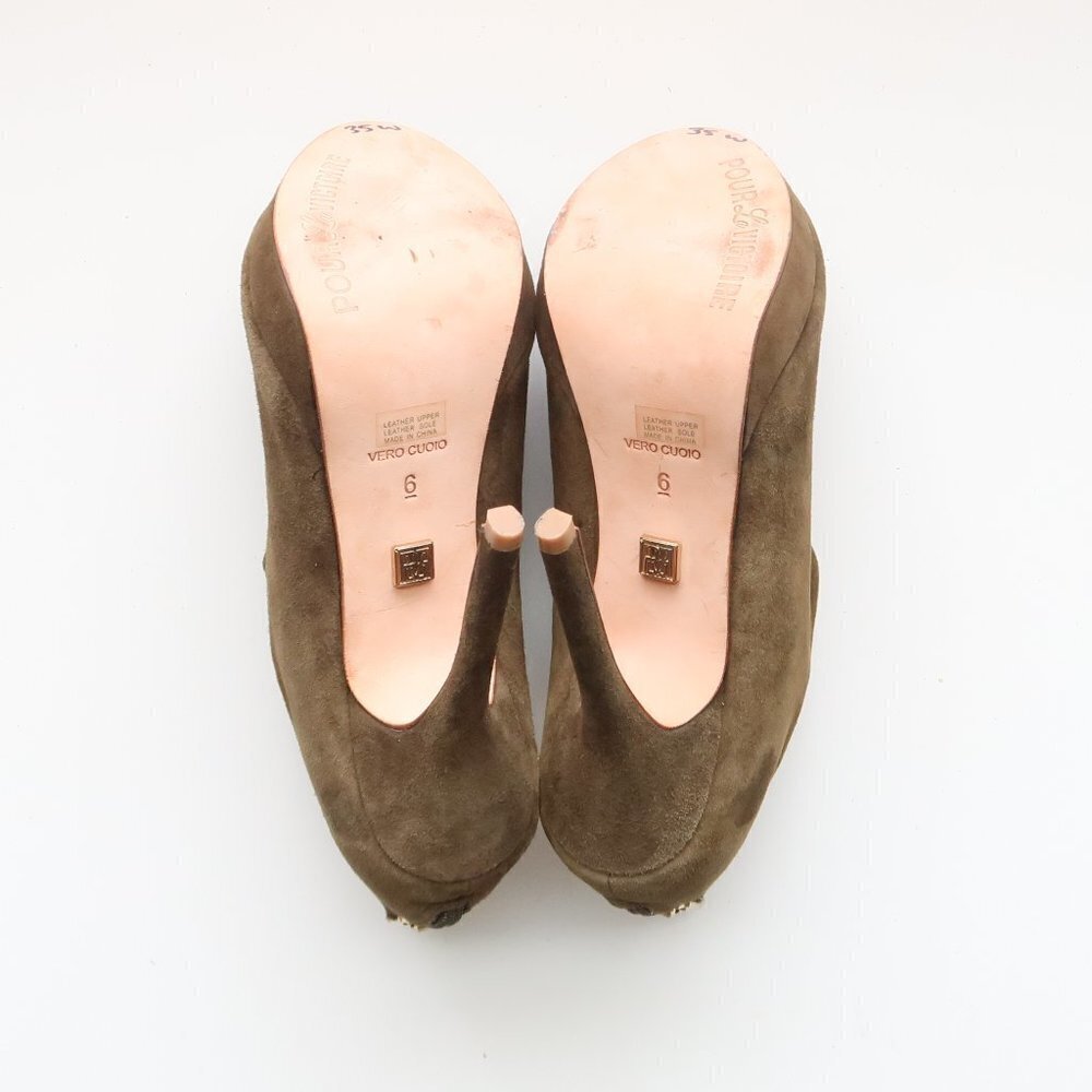 Pour La Victoire Moss Green Suede Leather Peep Toe Stiletto Heel Bootie Shoes 6 - Picture 6 of 15